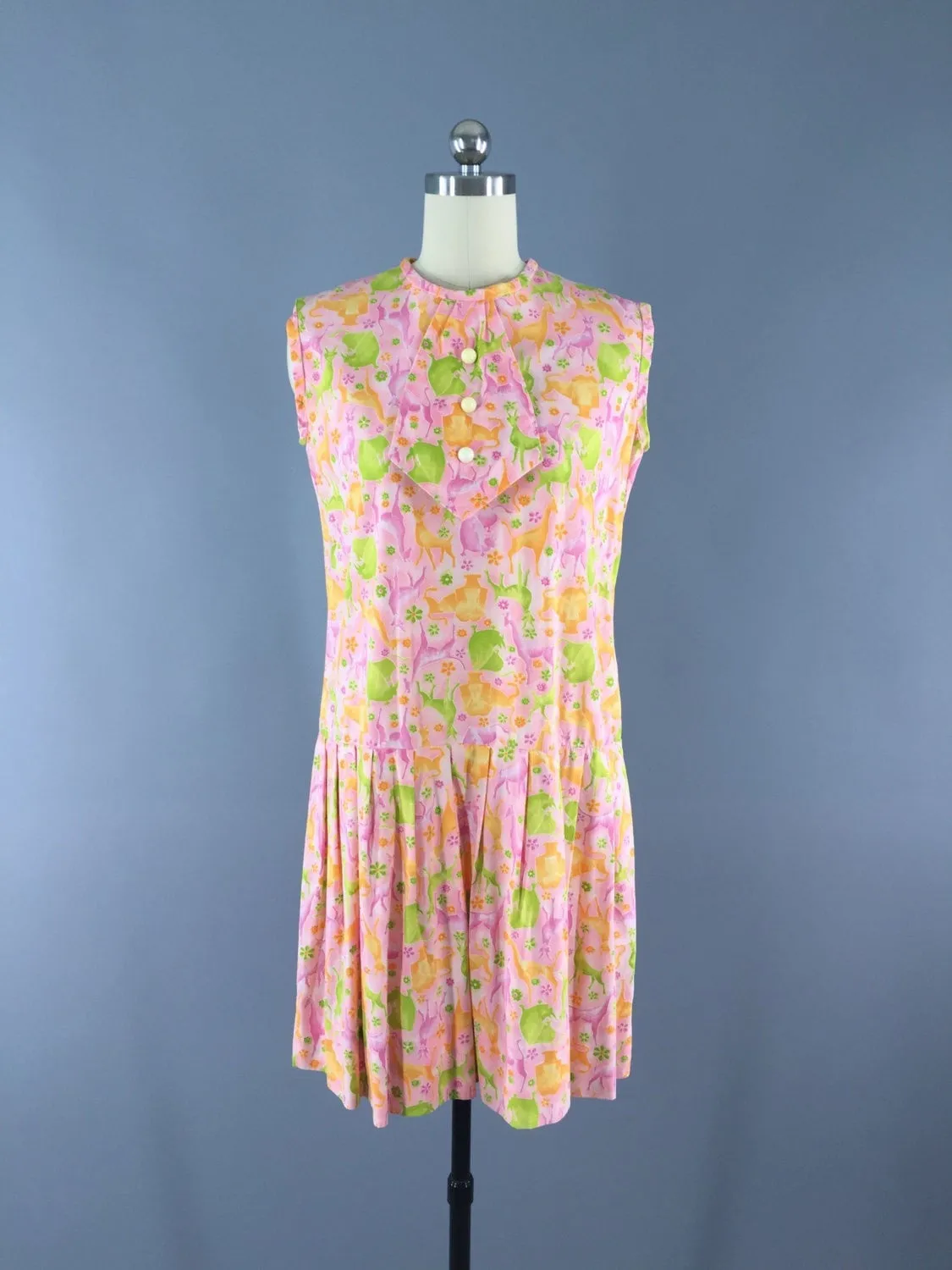 1960s Vintage Pink Safari Print Cotton Day Dress