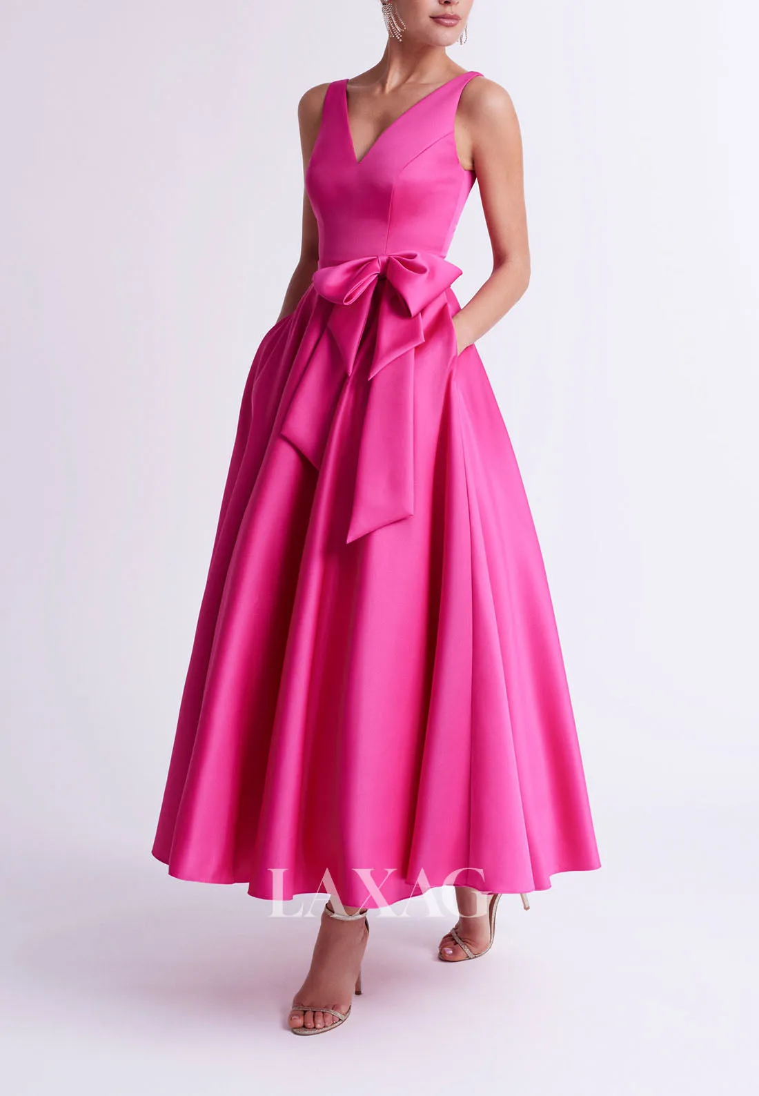 23111 - A-Line V-Necl Ankle-Length Sleek Satin Cocktail Party Formal Evening Dress