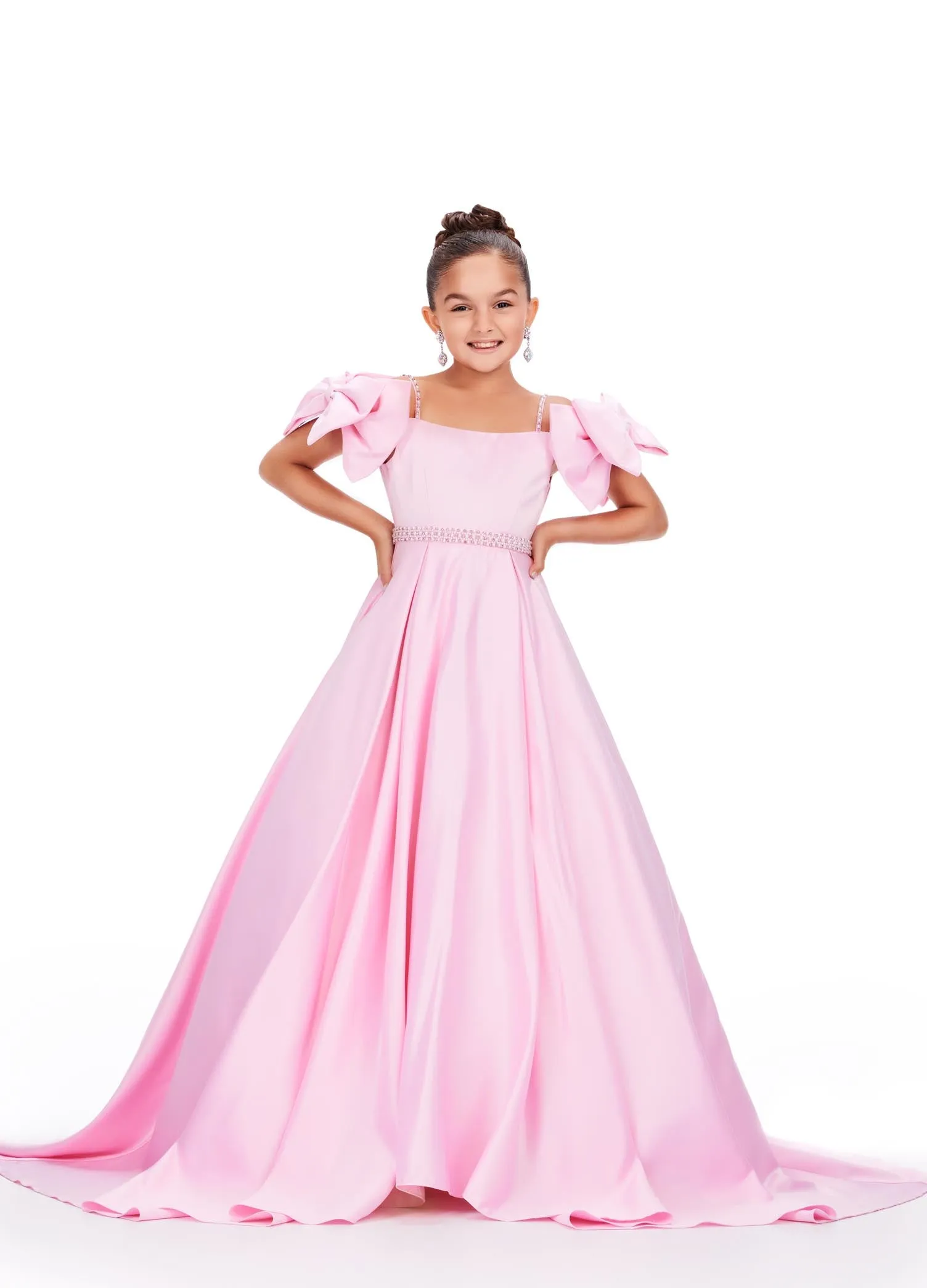 Ashley Lauren Kids 8237 Size 6 Pink Off the Shoulder Satin Ball Gown Pageant Dress Bows A Line Girls