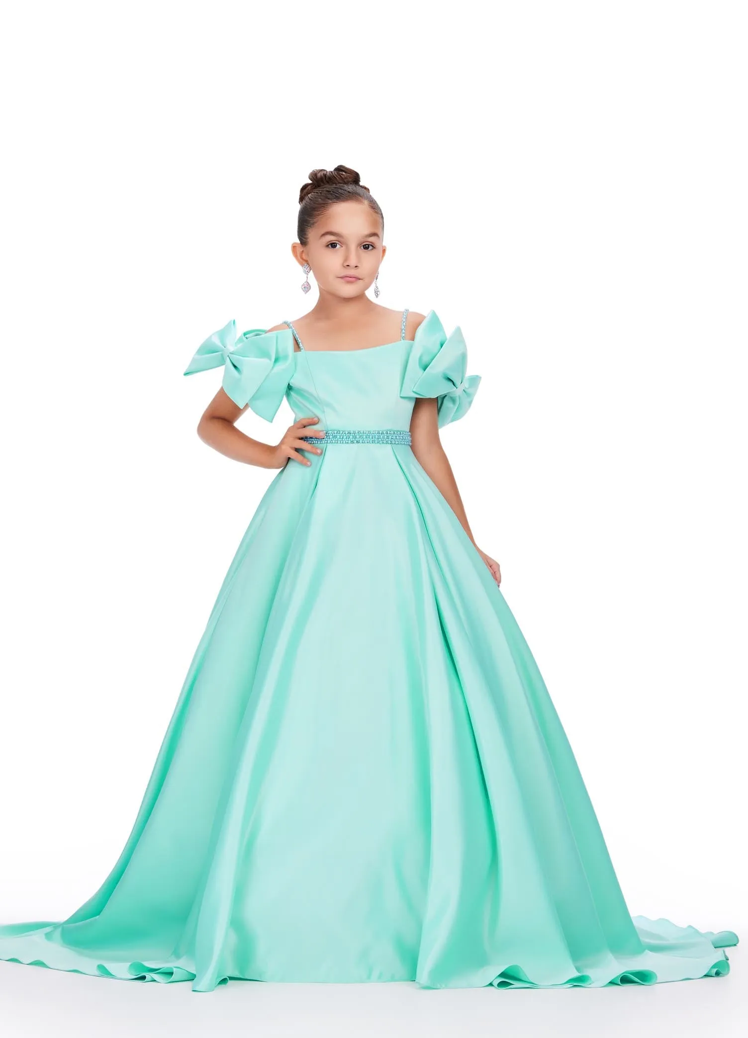 Ashley Lauren Kids 8237 Size 6 Pink Off the Shoulder Satin Ball Gown Pageant Dress Bows A Line Girls