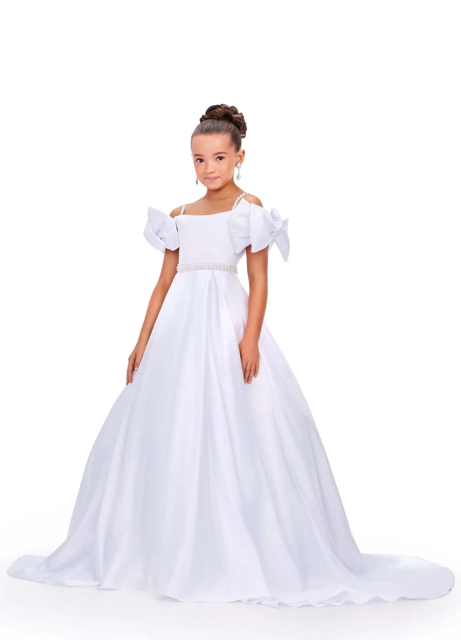 Ashley Lauren Kids 8237 Size 6 Pink Off the Shoulder Satin Ball Gown Pageant Dress Bows A Line Girls