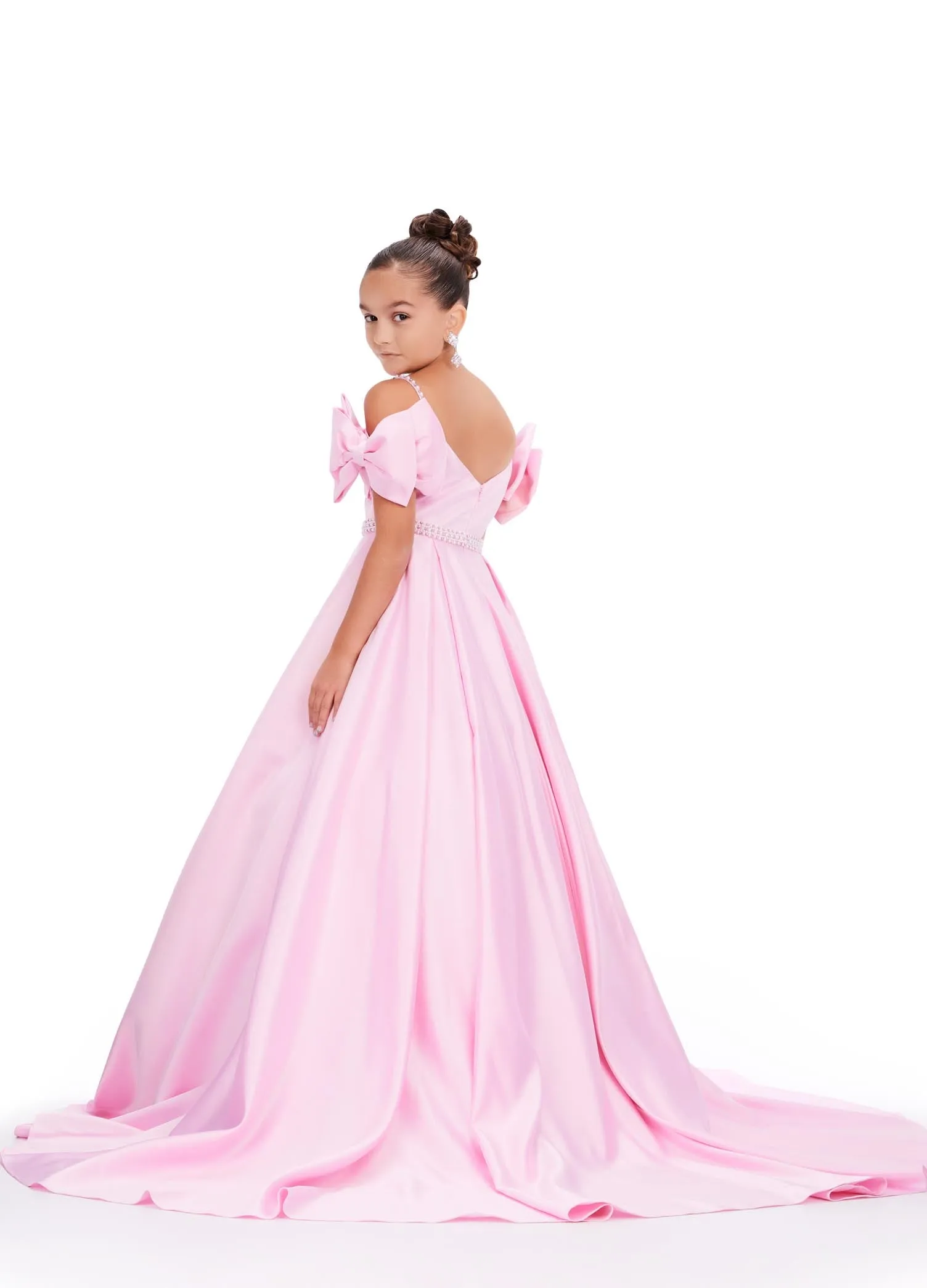 Ashley Lauren Kids 8237 Size 6 Pink Off the Shoulder Satin Ball Gown Pageant Dress Bows A Line Girls