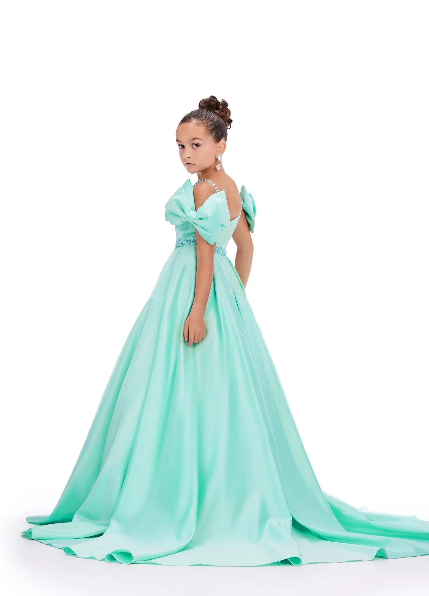 Ashley Lauren Kids 8237 Size 6 Pink Off the Shoulder Satin Ball Gown Pageant Dress Bows A Line Girls