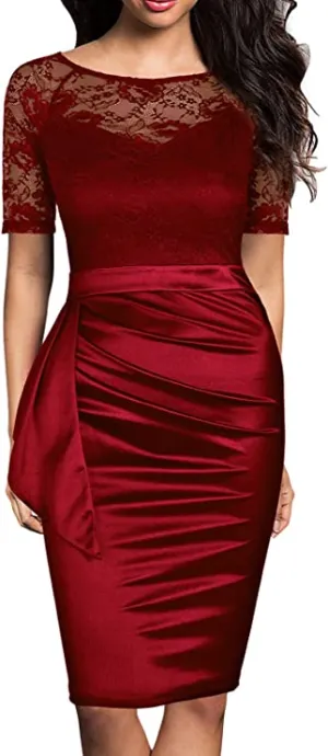 Burgundy Women's Short Sleeve Colorblock Sheath Pencil Business Church Dress - Mmondschein