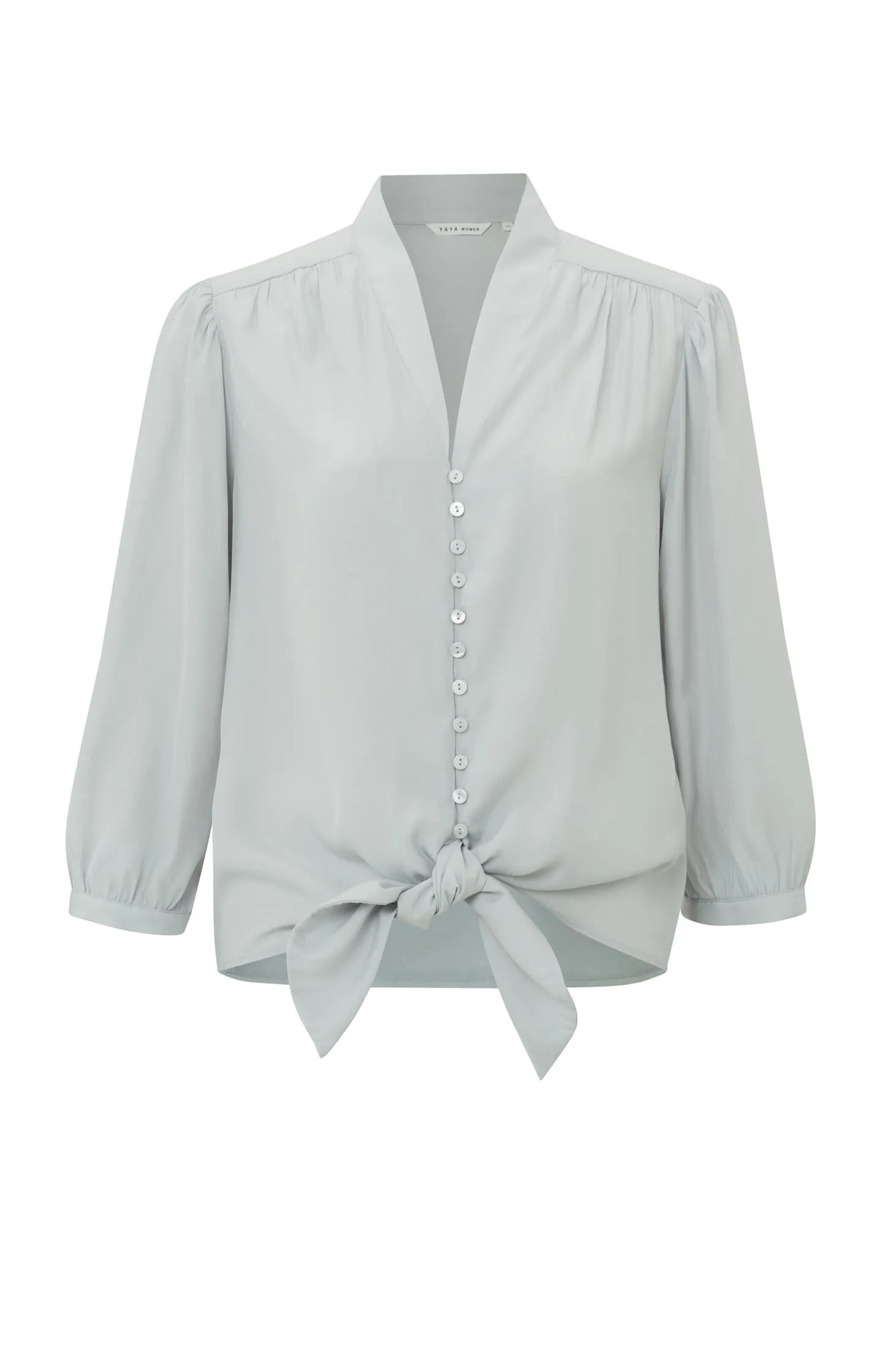 Button up blouse with V-neck, 7/8 balloon sleeves and pleats
