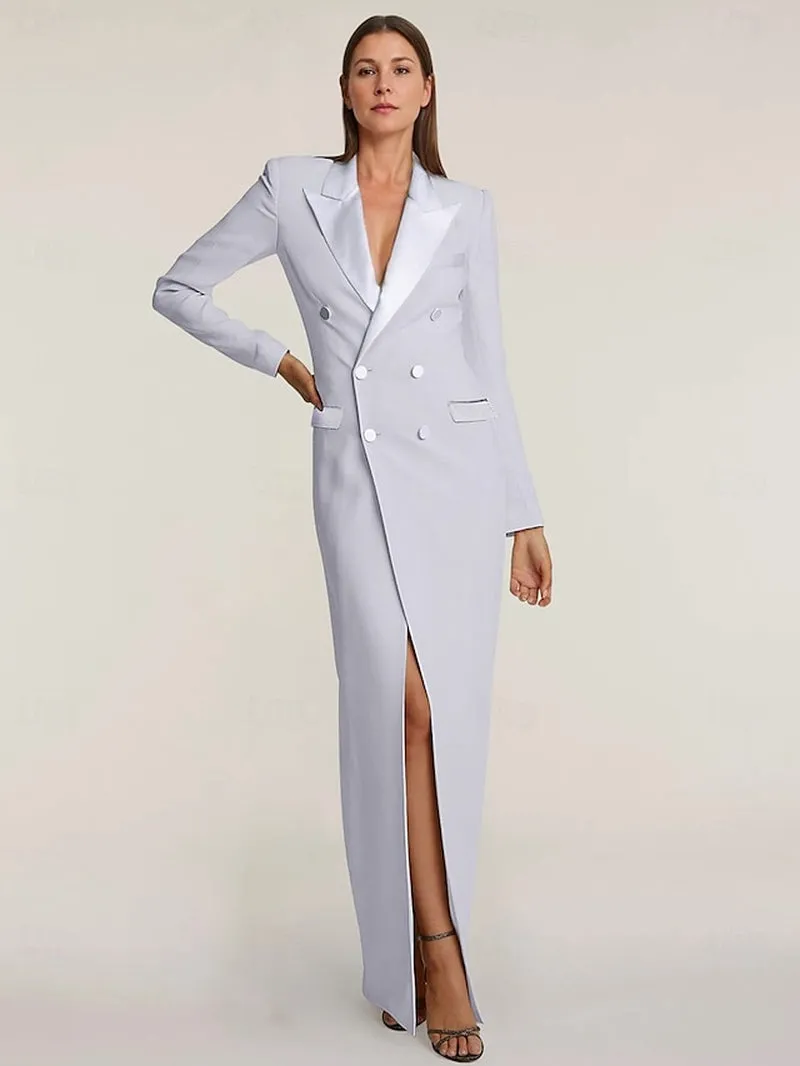 Chic Long Sleeve Satin Blazer Dress - Elegant Mermaid Gown for Wedding Guests with Pockets