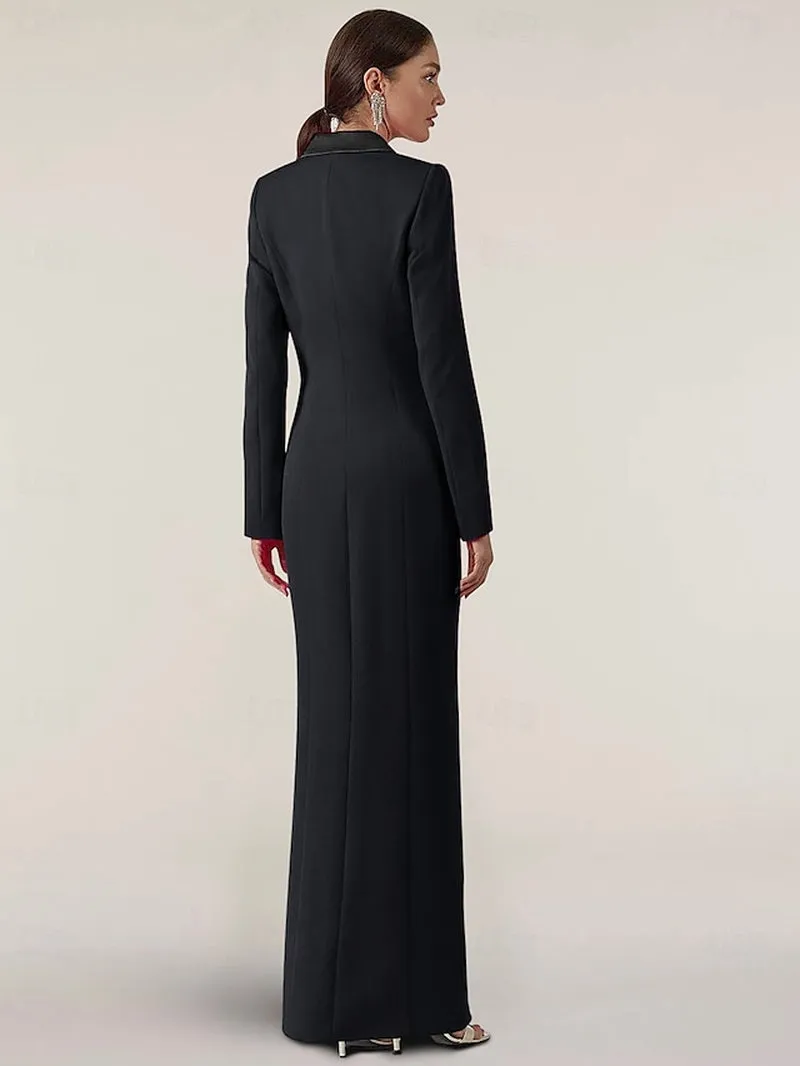 Chic Long Sleeve Satin Blazer Dress - Elegant Mermaid Gown for Wedding Guests with Pockets