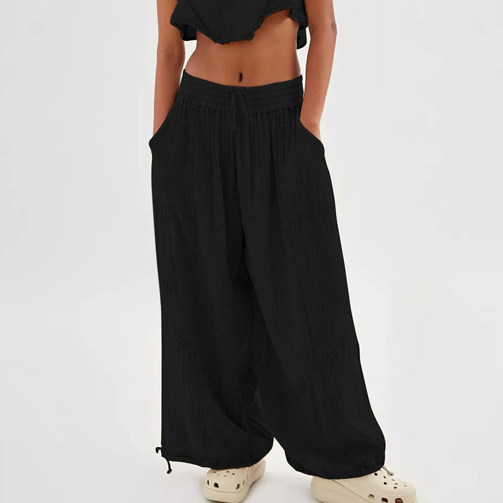 Chouyatou Womens Casual Loose Fit Wide Leg Linen Pants Drawstring Stitching Baggy Pants Trousers with Pockets