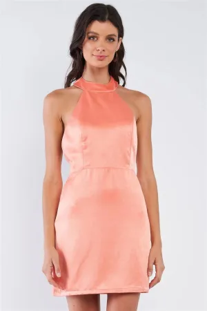 Coral Orange Satin Sleeveless Adjustable Razor Back Strap Halter Tie Tight Fit Cocktail Mini Dress /1-1-2-1