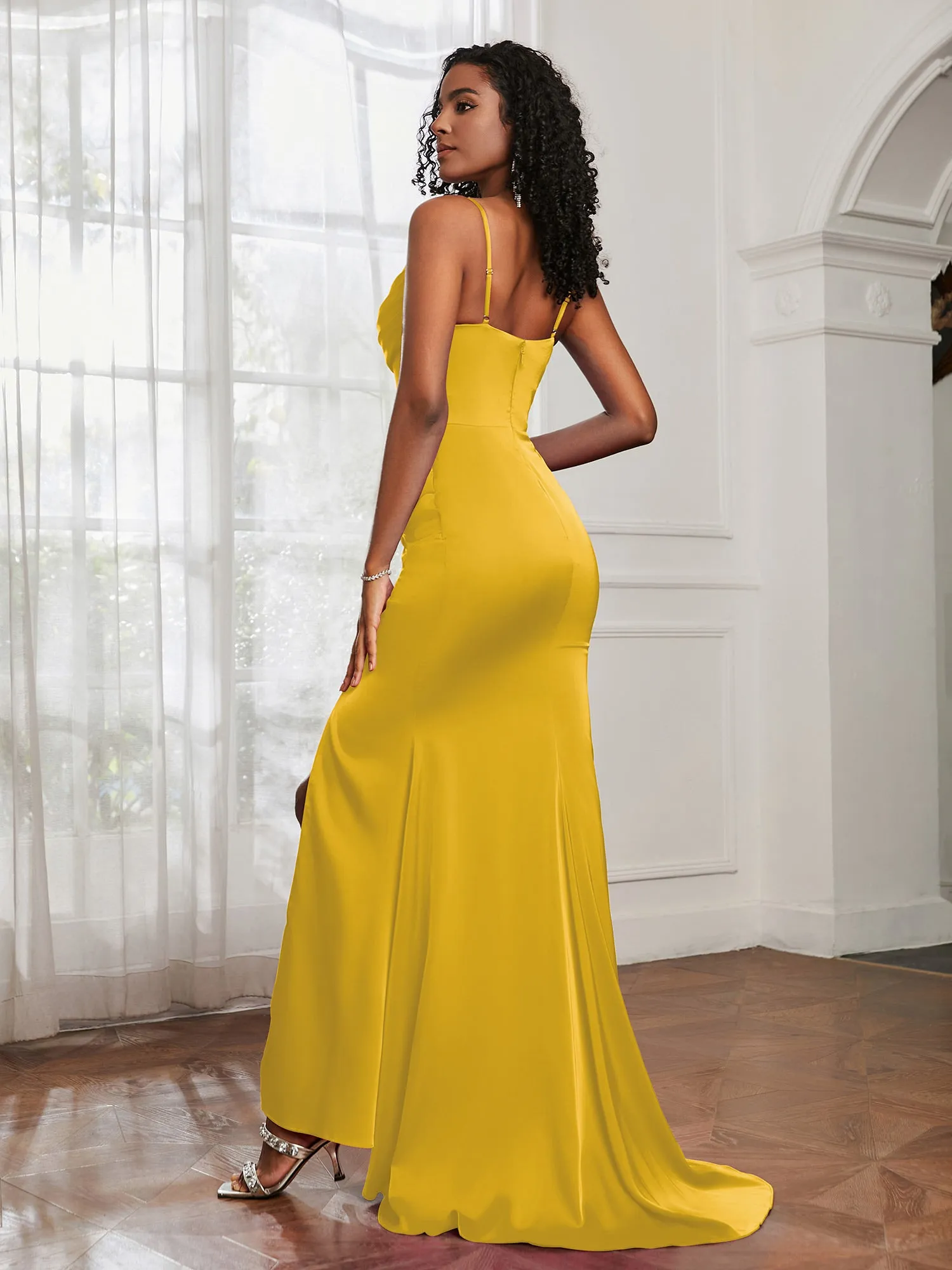 Cowl Neck Sweep Train Mermaid Satin Prom Dress Marigold Plus Size