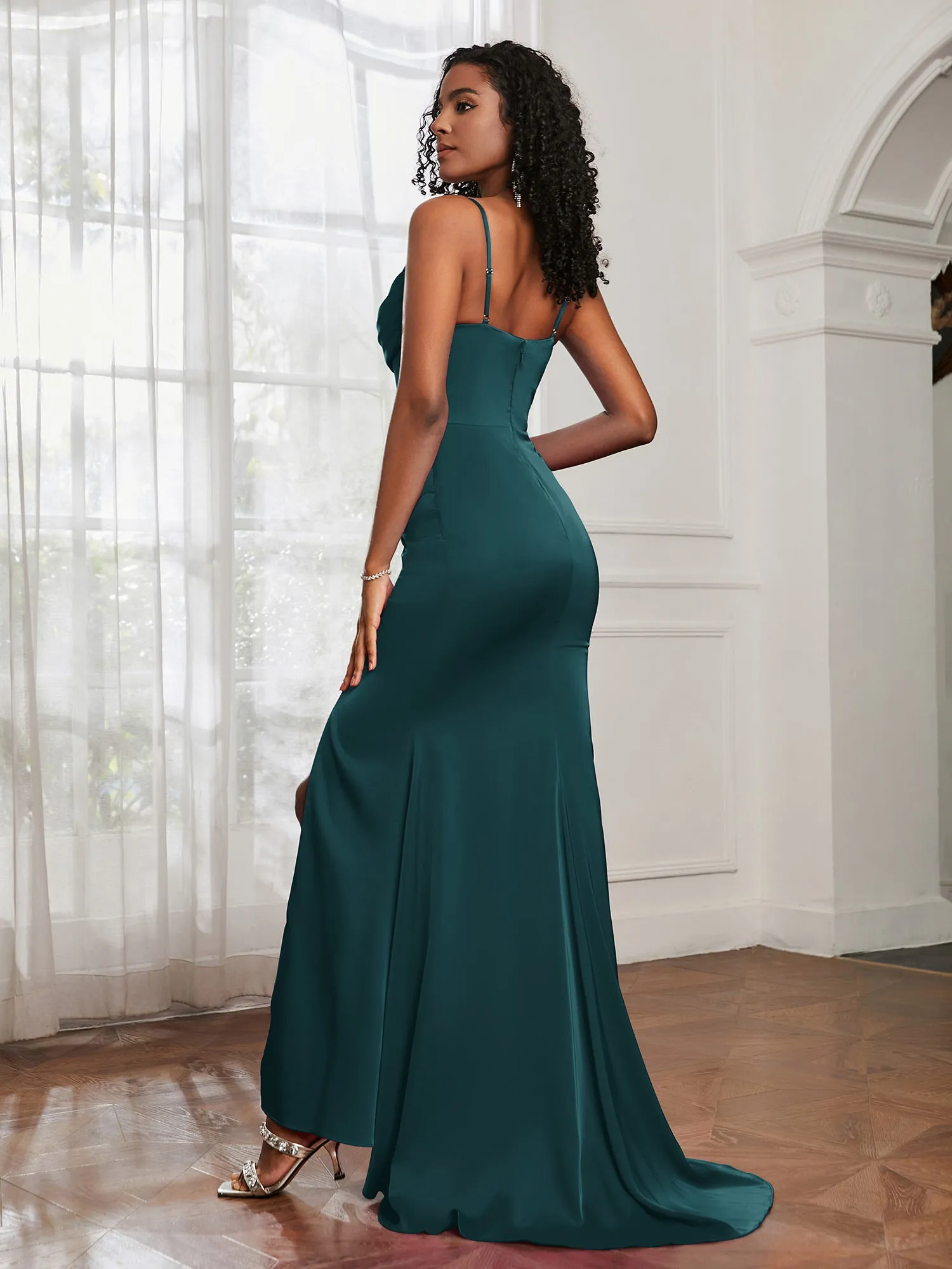 Cowl Neck Sweep Train Mermaid Satin Prom Dress Peacock
