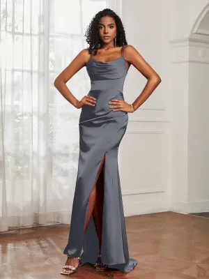 Cowl Neck Sweep Train Mermaid Satin Prom Dress Steel Grey