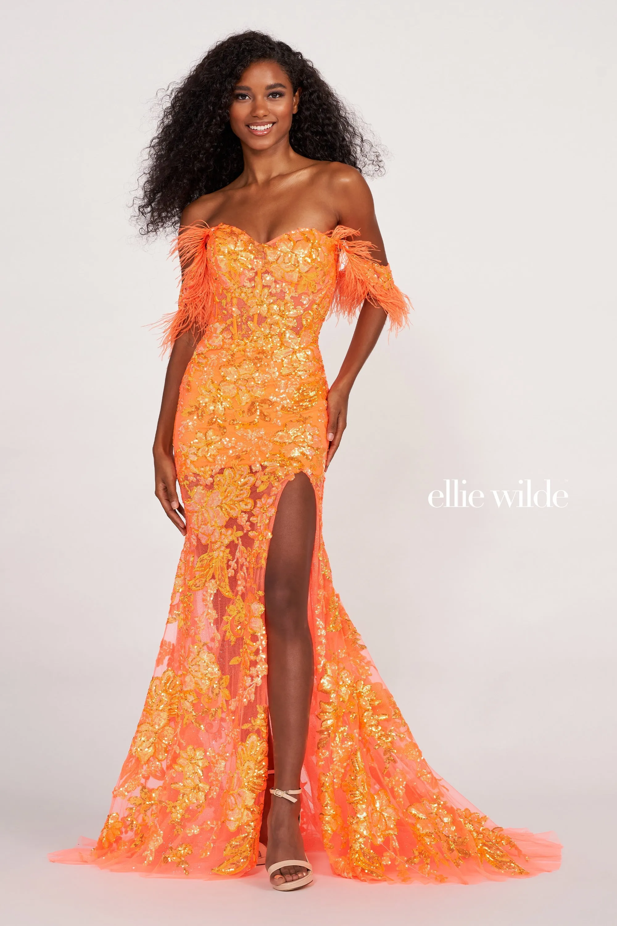 Ellie Wilde EW34034 Size 00 Sky Blue Long Sheer Sequin Feather off the shoulder slit dress corset gown