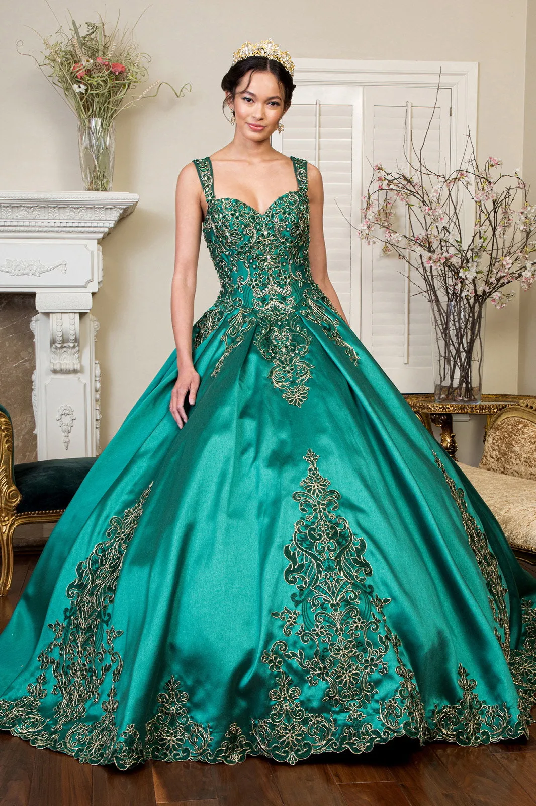 Embroidered Mesh Strap Satin Quinceanera Dress Mesh Tail - Mask Not Included GLGL1930