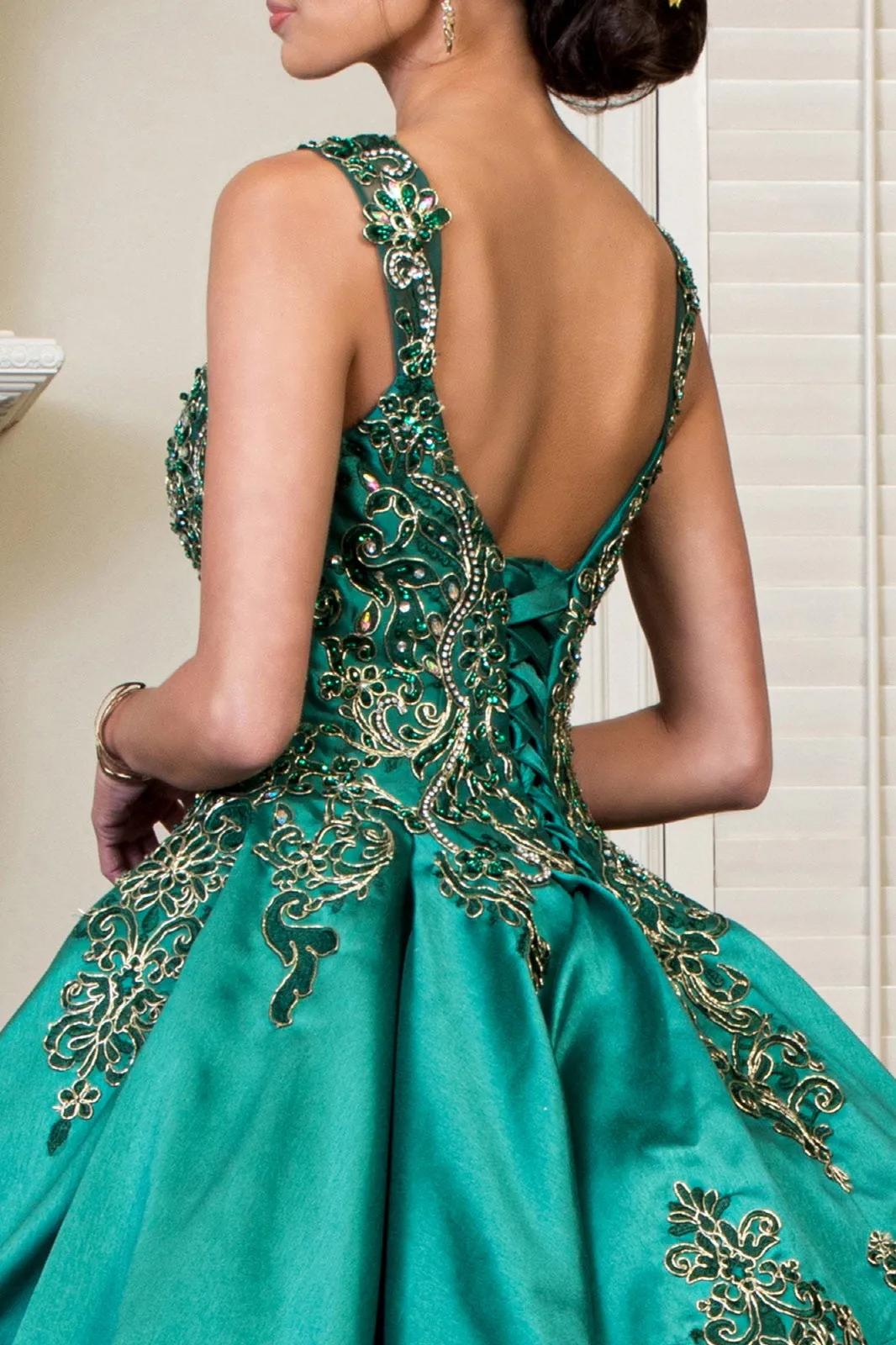 Embroidered Mesh Strap Satin Quinceanera Dress Mesh Tail - Mask Not Included GLGL1930