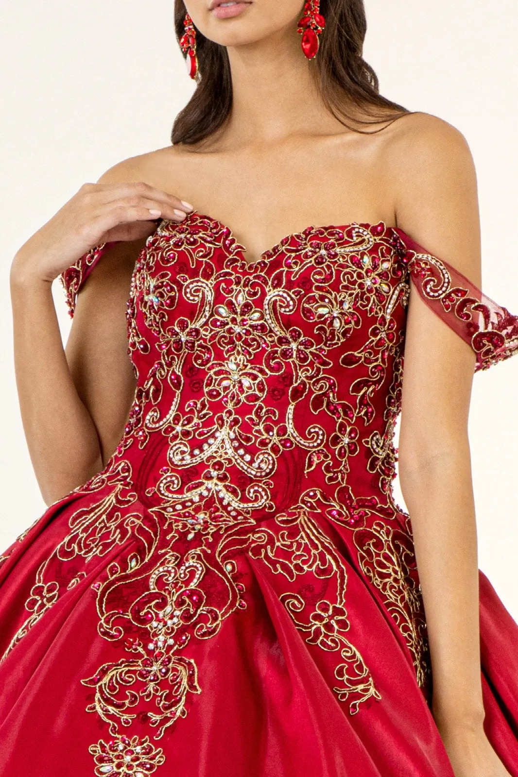 Embroidered Mesh Strap Satin Quinceanera Dress Mesh Tail - Mask Not Included GLGL1930