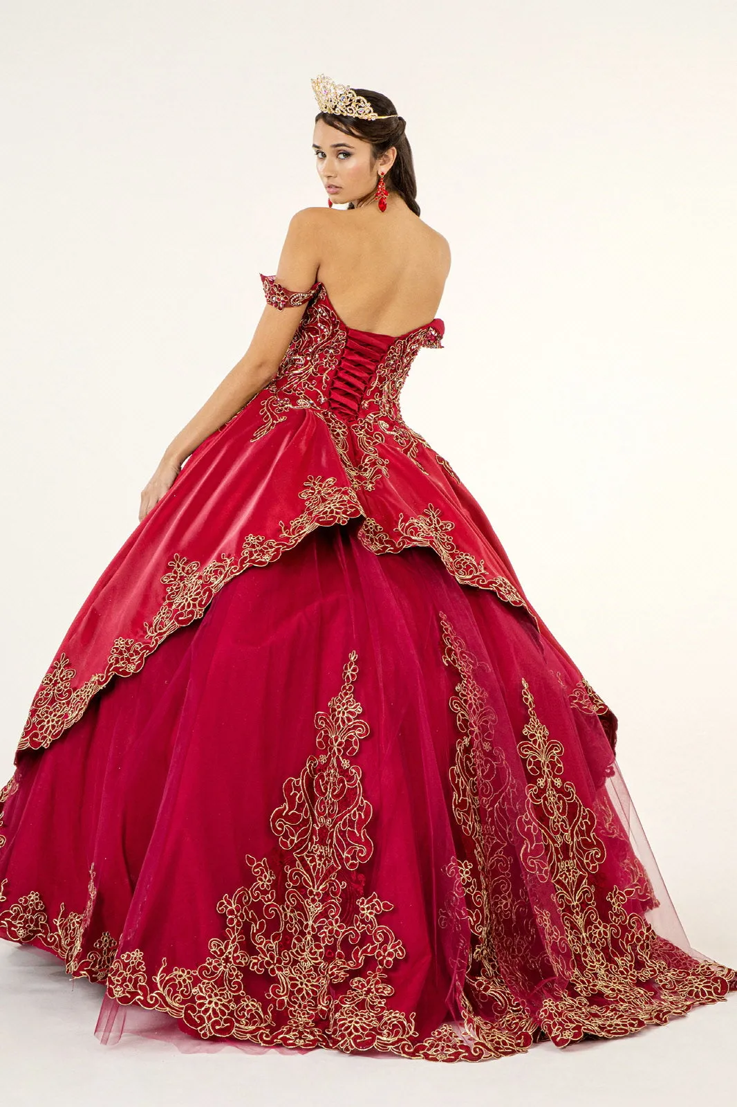 Embroidered Mesh Strap Satin Quinceanera Dress Mesh Tail - Mask Not Included GLGL1930