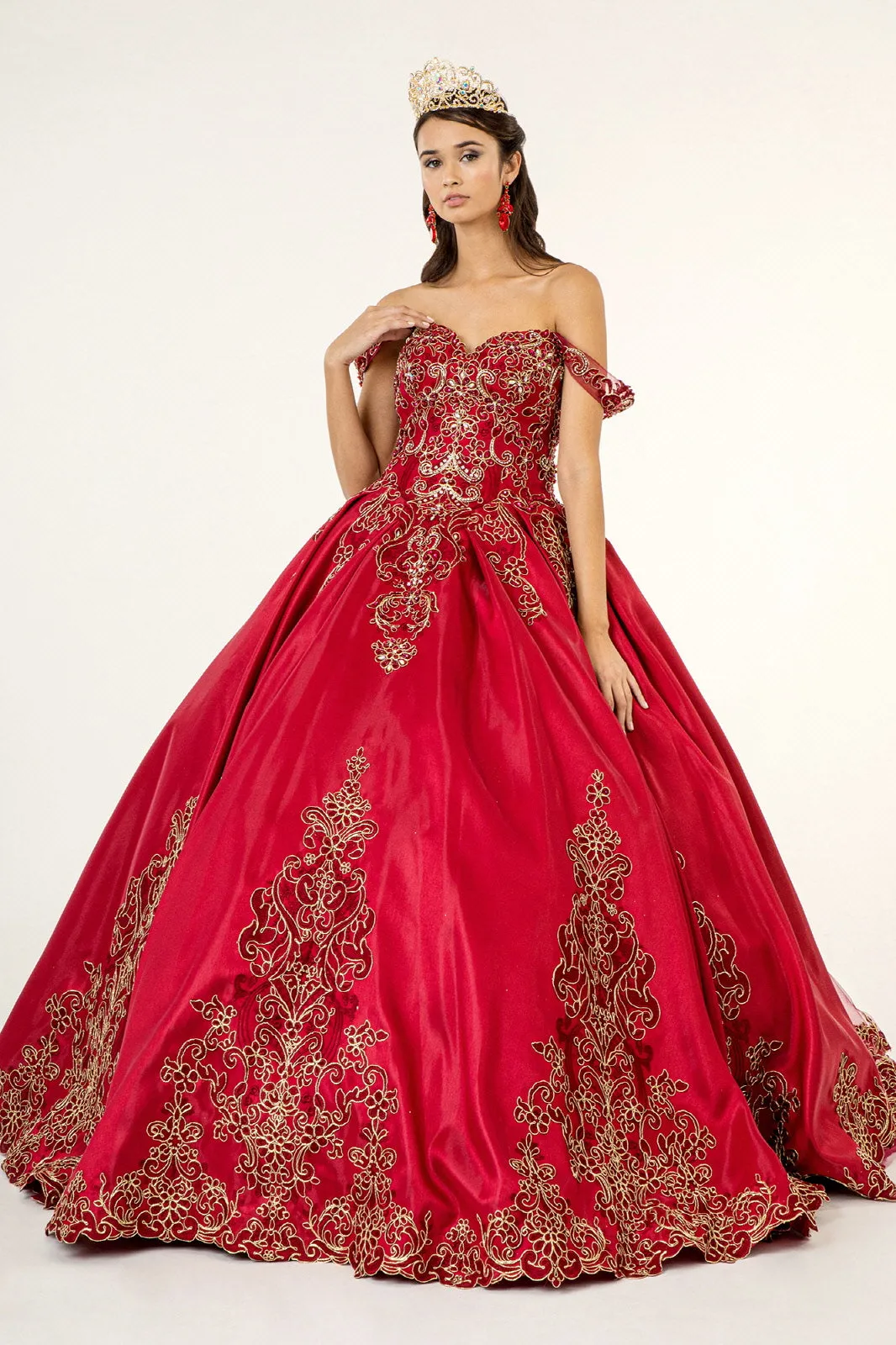 Embroidered Mesh Strap Satin Quinceanera Dress Mesh Tail - Mask Not Included GLGL1930
