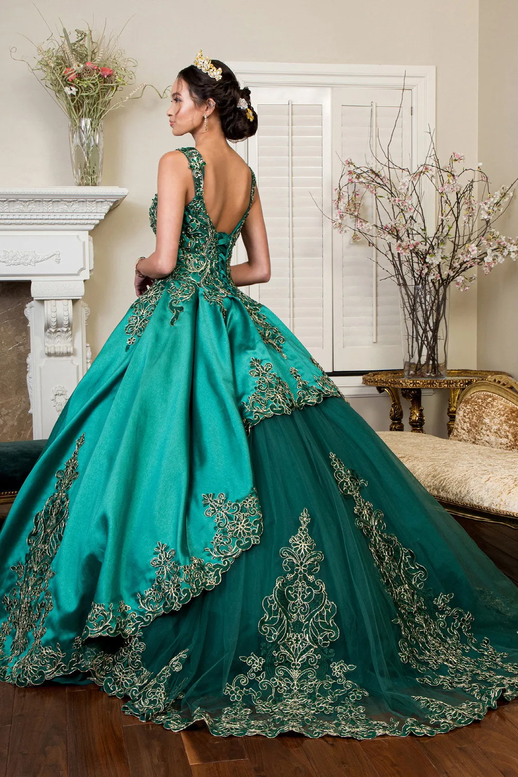 Embroidered Mesh Strap Satin Quinceanera Dress Mesh Tail - Mask Not Included GLGL1930
