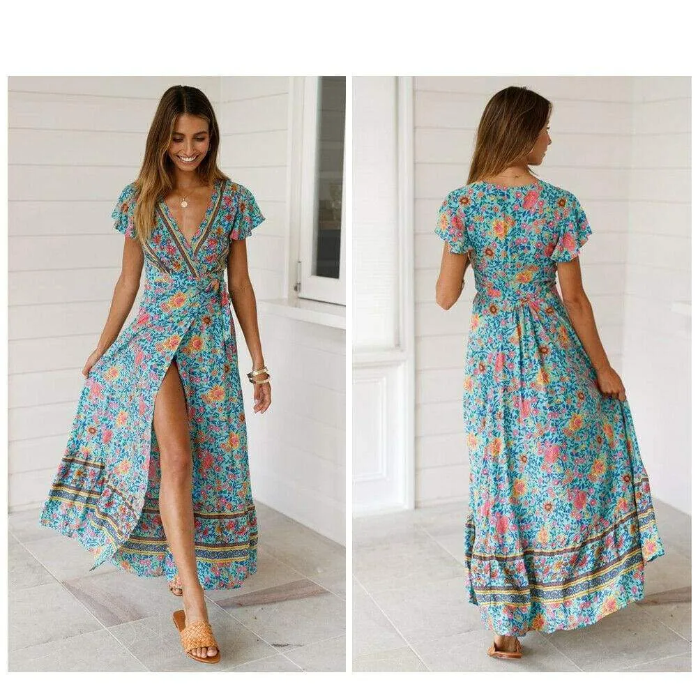 FashionSierra - Women High Waist Summer Boho Floral Print Short Sleeve Beach Dress New Fashion Ladies V-Neck Long Dress Sundress