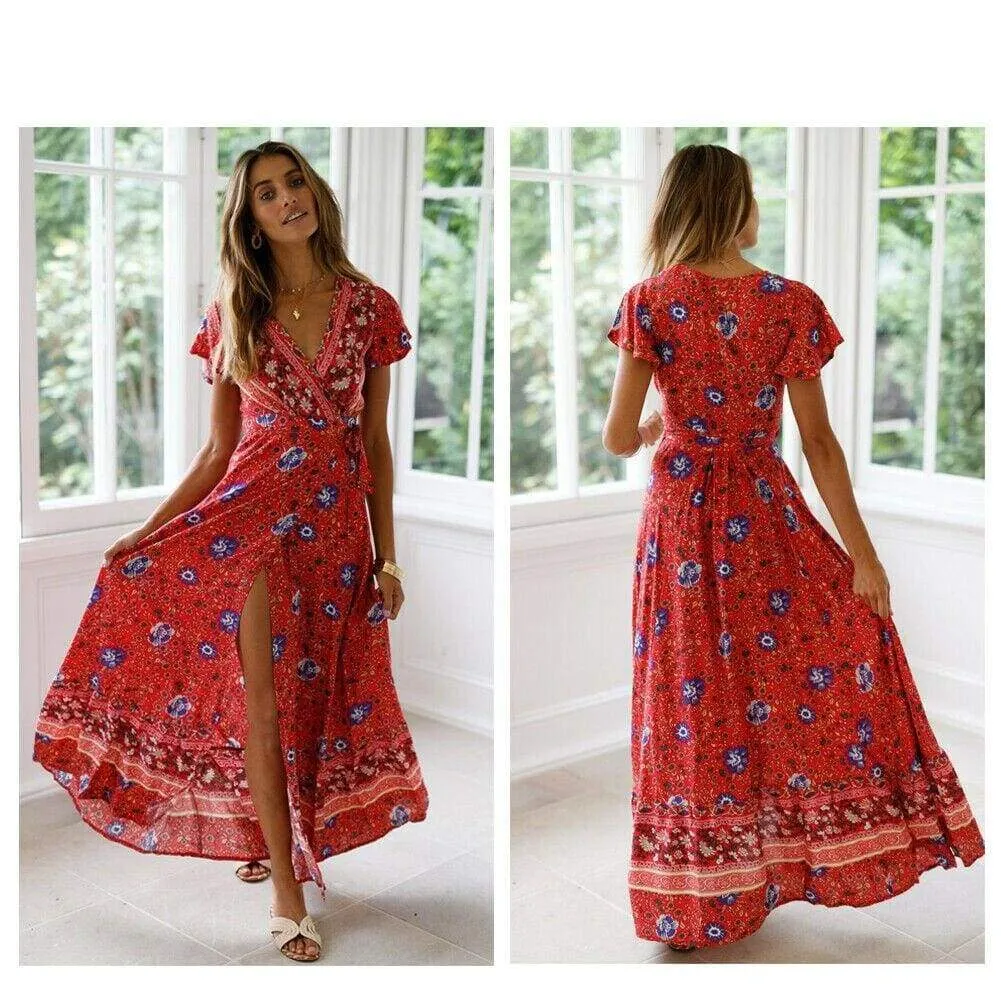 FashionSierra - Women High Waist Summer Boho Floral Print Short Sleeve Beach Dress New Fashion Ladies V-Neck Long Dress Sundress