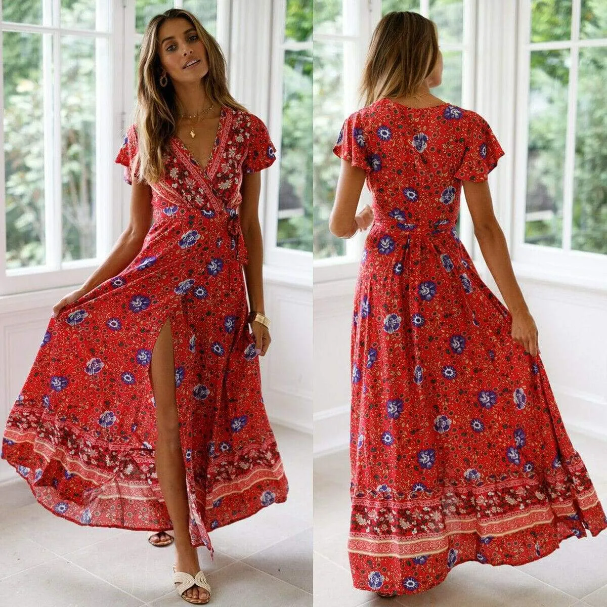 FashionSierra - Women High Waist Summer Boho Floral Print Short Sleeve Beach Dress New Fashion Ladies V-Neck Long Dress Sundress