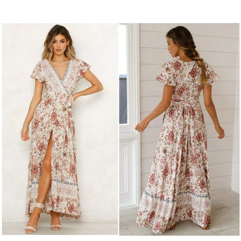 FashionSierra - Women High Waist Summer Boho Floral Print Short Sleeve Beach Dress New Fashion Ladies V-Neck Long Dress Sundress
