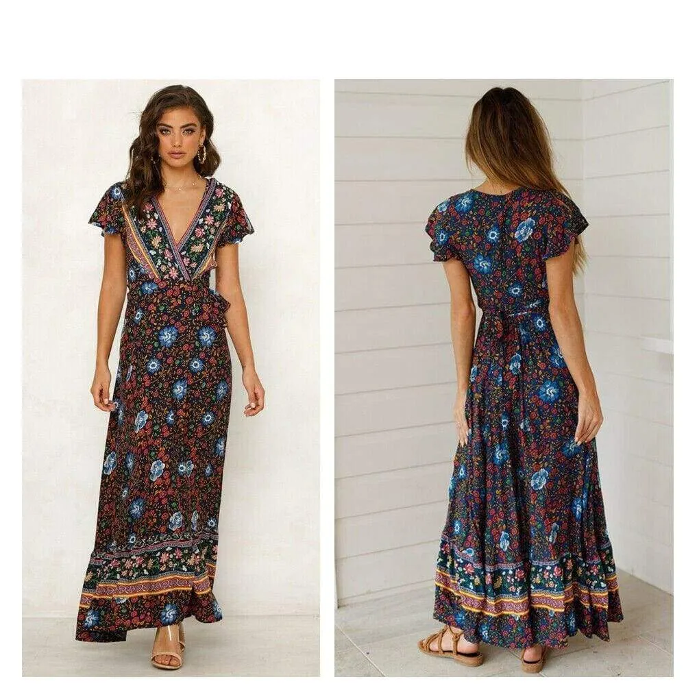FashionSierra - Women High Waist Summer Boho Floral Print Short Sleeve Beach Dress New Fashion Ladies V-Neck Long Dress Sundress