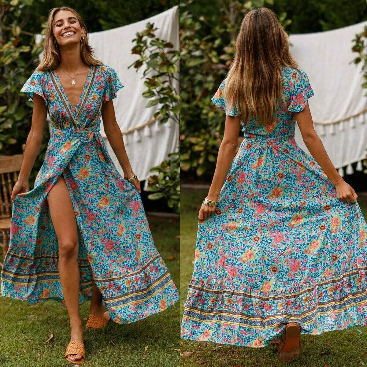 FashionSierra - Women High Waist Summer Boho Floral Print Short Sleeve Beach Dress New Fashion Ladies V-Neck Long Dress Sundress