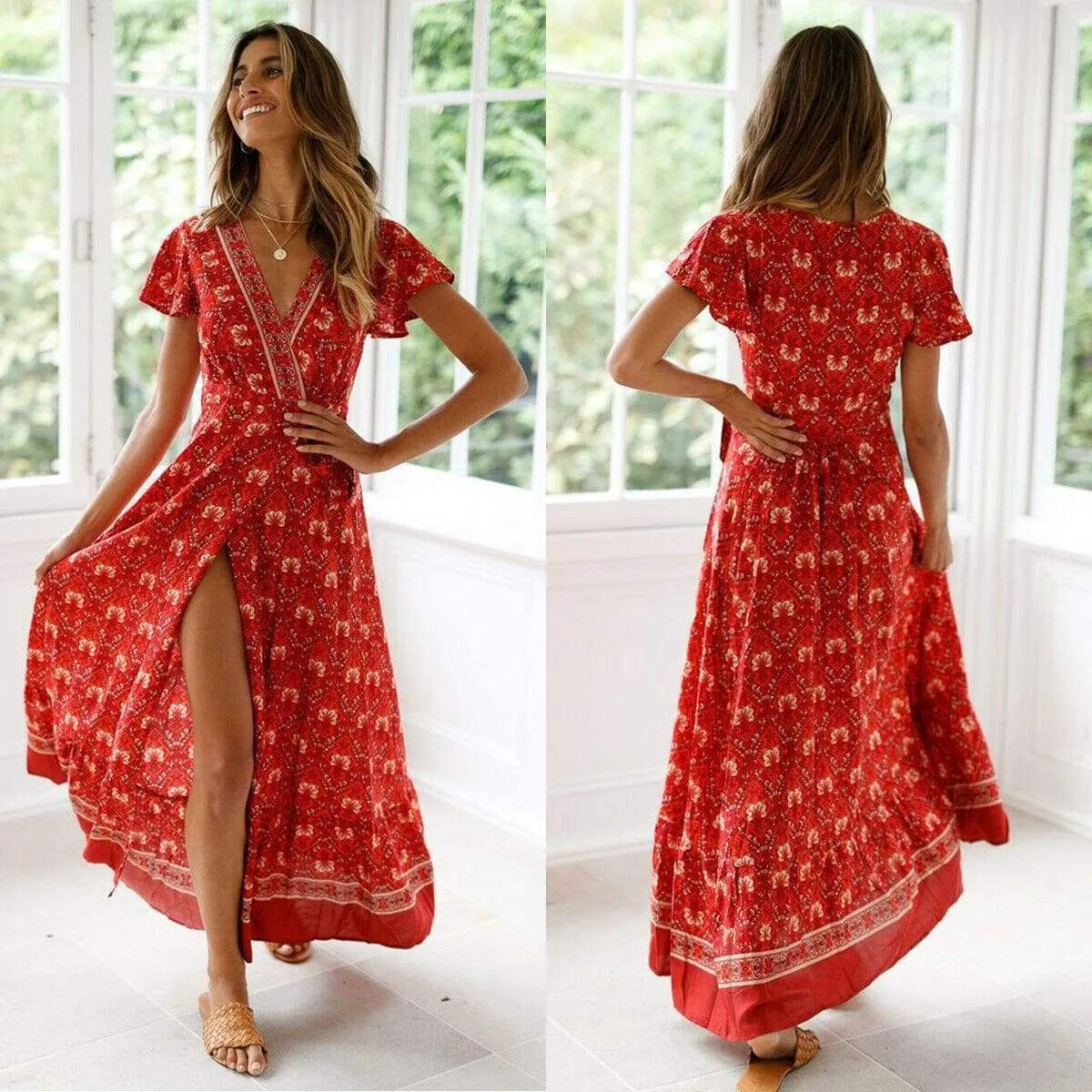FashionSierra - Women High Waist Summer Boho Floral Print Short Sleeve Beach Dress New Fashion Ladies V-Neck Long Dress Sundress