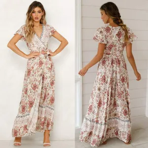 FashionSierra - Women High Waist Summer Boho Floral Print Short Sleeve Beach Dress New Fashion Ladies V-Neck Long Dress Sundress