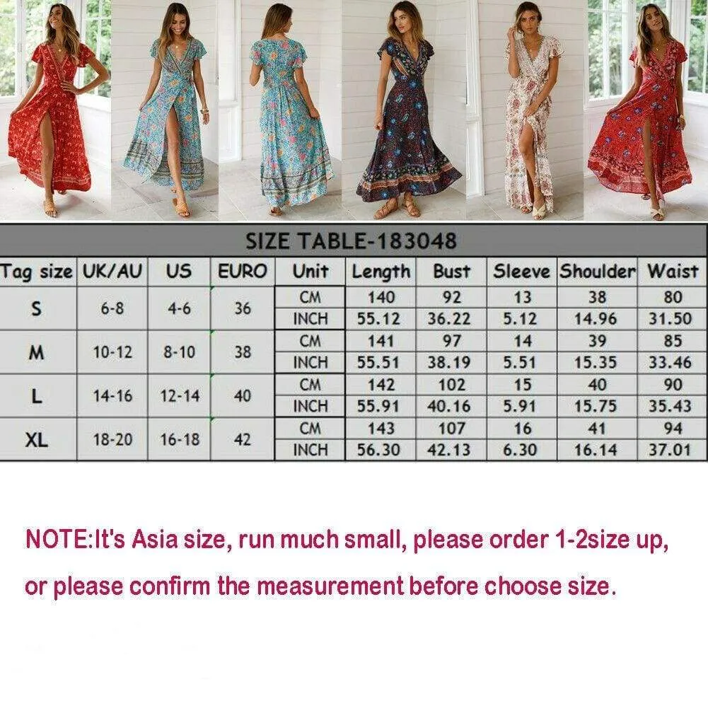 FashionSierra - Women High Waist Summer Boho Floral Print Short Sleeve Beach Dress New Fashion Ladies V-Neck Long Dress Sundress
