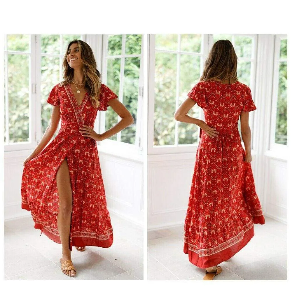 FashionSierra - Women High Waist Summer Boho Floral Print Short Sleeve Beach Dress New Fashion Ladies V-Neck Long Dress Sundress