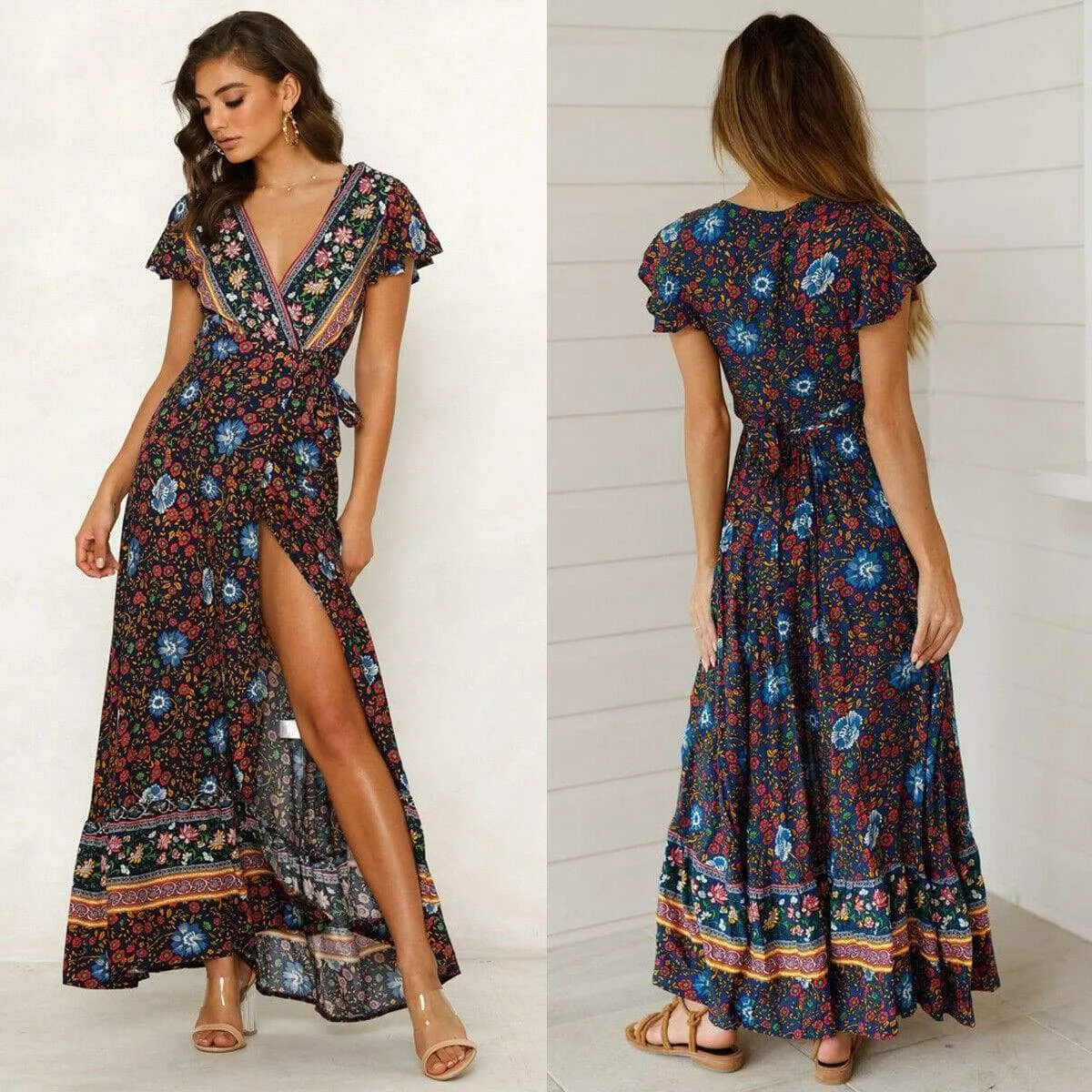 FashionSierra - Women High Waist Summer Boho Floral Print Short Sleeve Beach Dress New Fashion Ladies V-Neck Long Dress Sundress