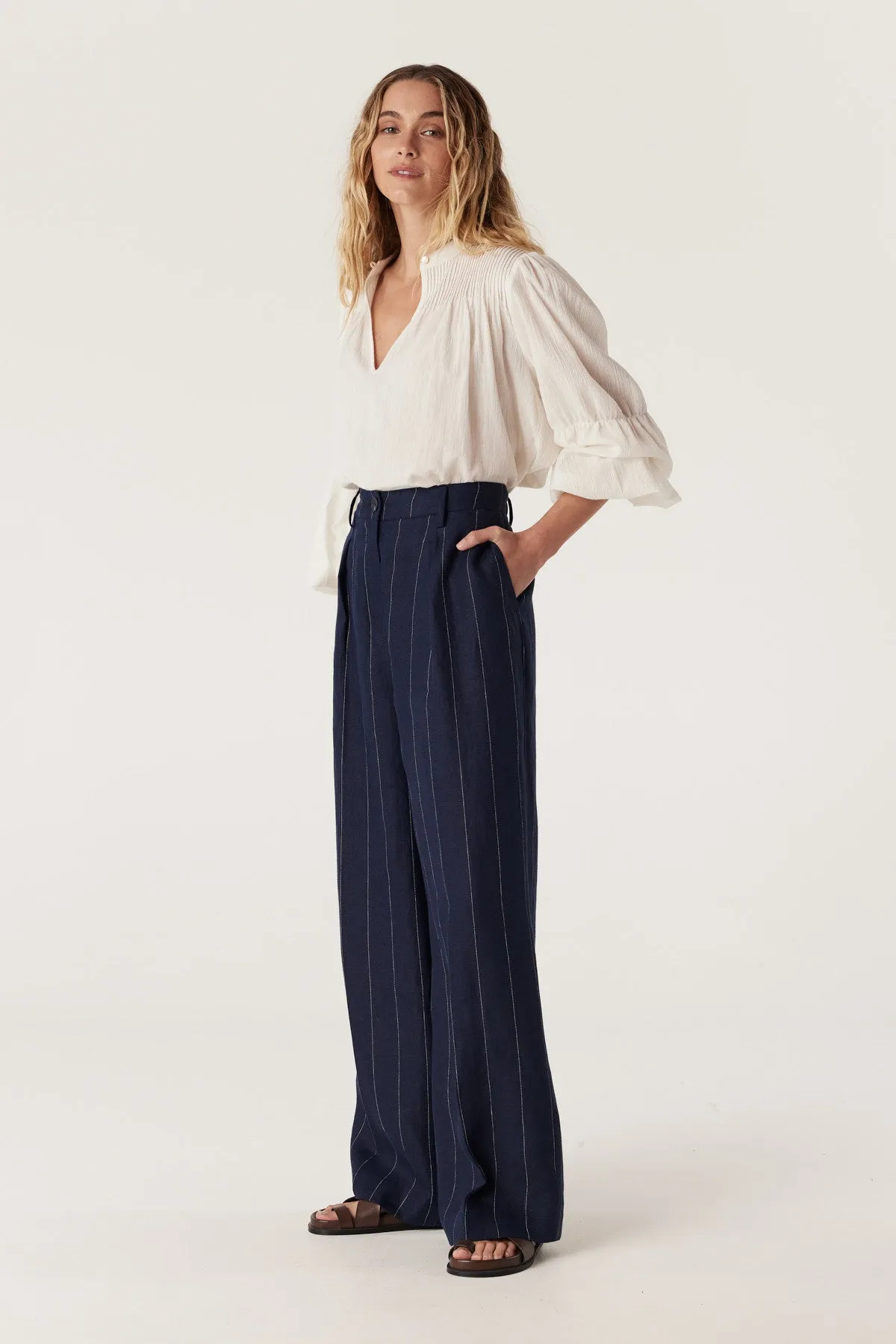 Freya Linen Pant - Navy Stripe