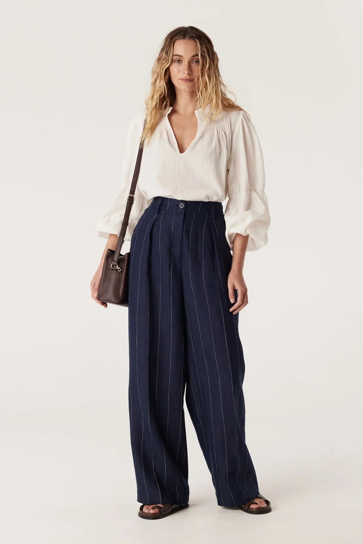 Freya Linen Pant - Navy Stripe