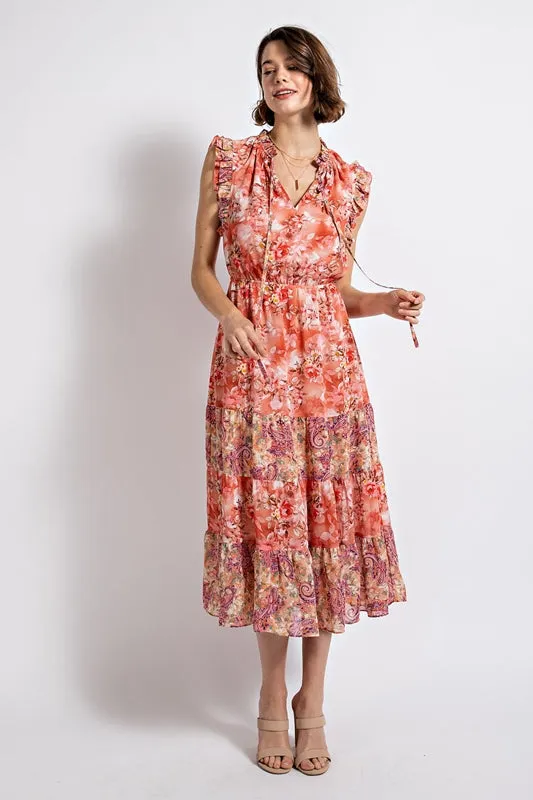 Gigio Floral Tiered Sun Dress with Tie Neckline - Dusty Coral