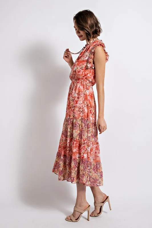 Gigio Floral Tiered Sun Dress with Tie Neckline - Dusty Coral
