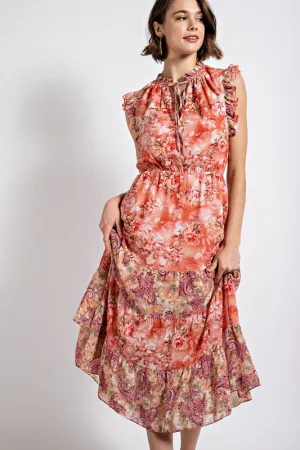 Gigio Floral Tiered Sun Dress with Tie Neckline - Dusty Coral