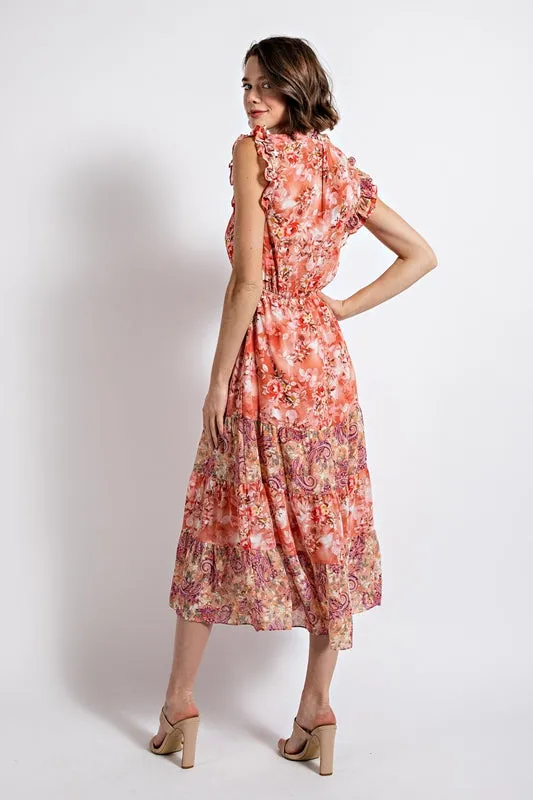 Gigio Floral Tiered Sun Dress with Tie Neckline - Dusty Coral