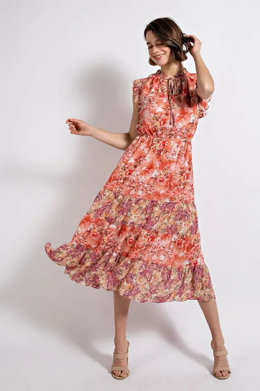 Gigio Floral Tiered Sun Dress with Tie Neckline - Dusty Coral