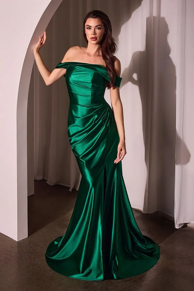 GLISTENING SATIN OFF THE SHOULDER GOWN CDJ877