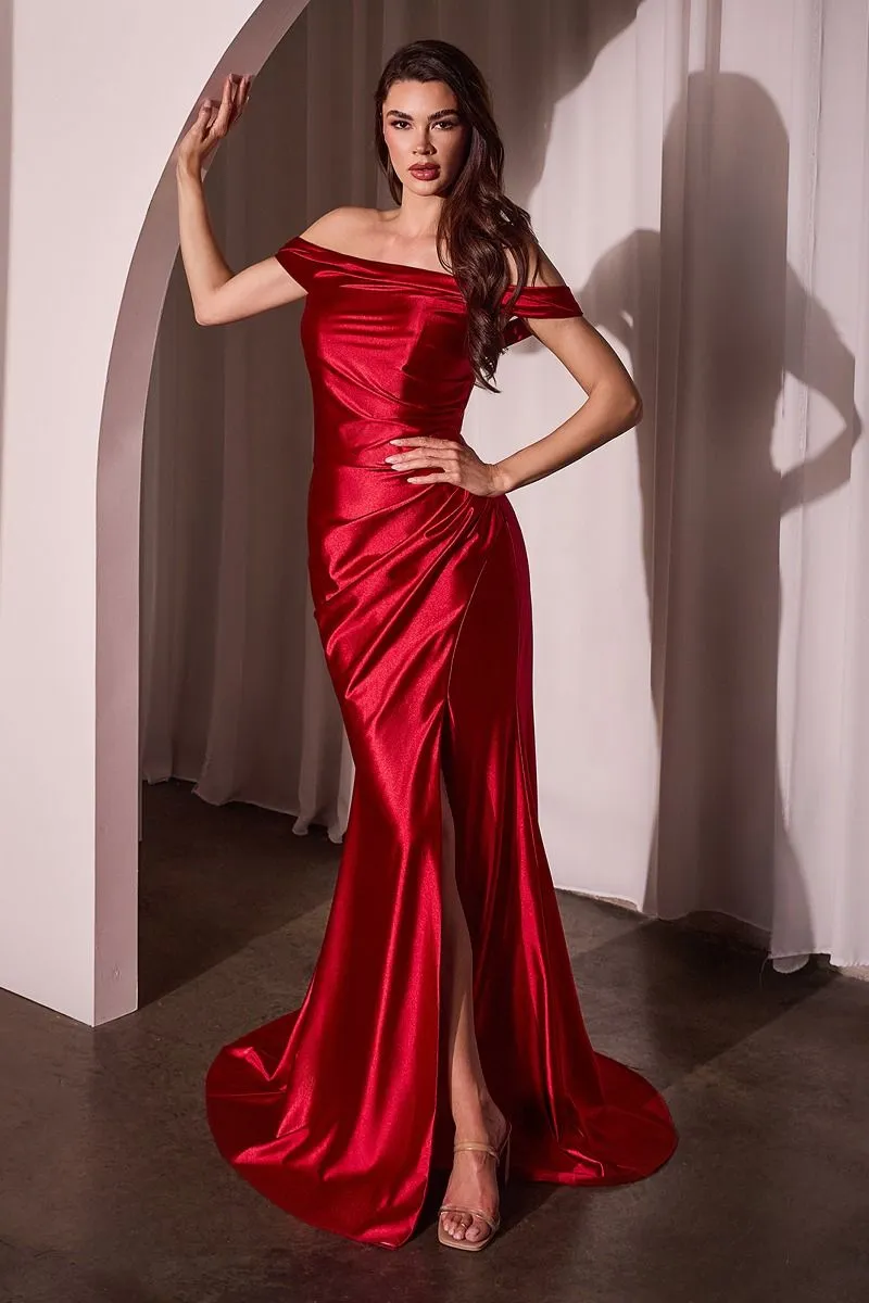 GLISTENING SATIN OFF THE SHOULDER GOWN CDJ877
