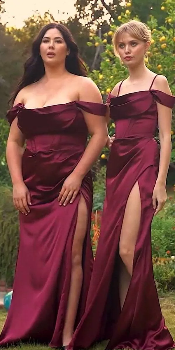 Ladivine 7492 Size 8 French Navy Bridesmaids Dress Long Fitted Corset Luxe Satin off the shoulder maxi slit Prom Dress Formal Gown