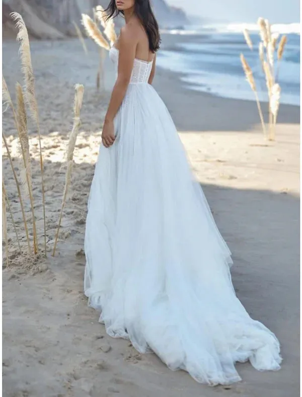 Luolandi Beach Sexy Wedding Dresses A-Line Sweetheart Strapless Court Train Lace Bridal Gowns With Pleats Split