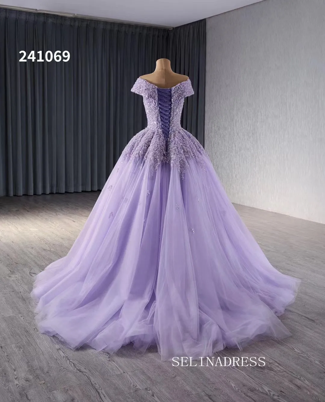 Luxury Lilac V neck Beaded Long Formal Dresses Evening Dress 241069
