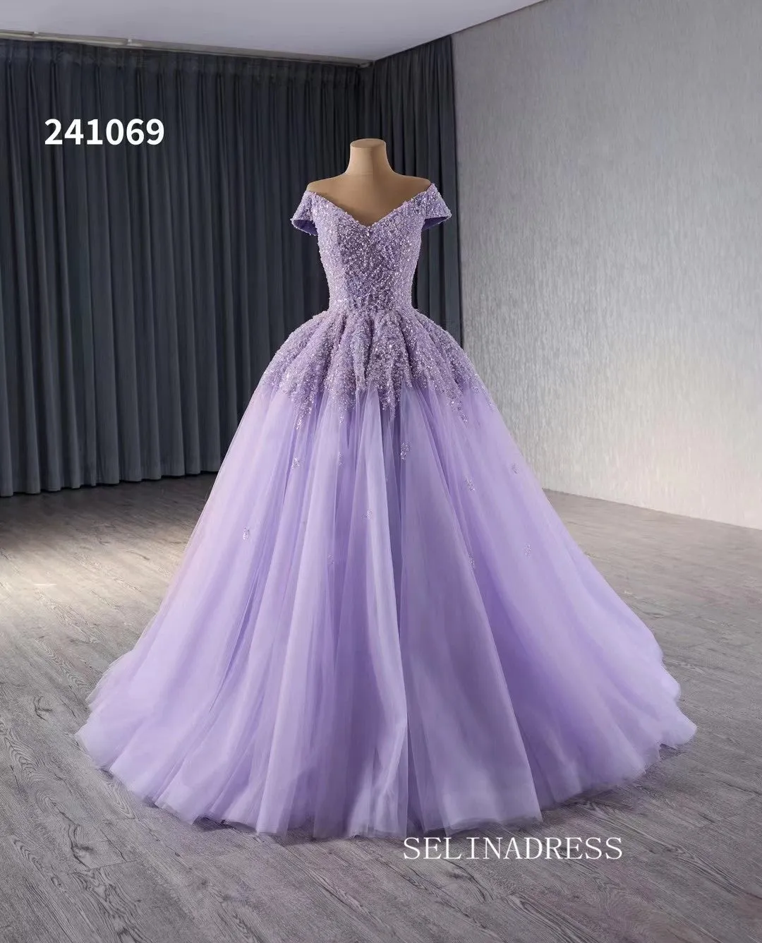 Luxury Lilac V neck Beaded Long Formal Dresses Evening Dress 241069