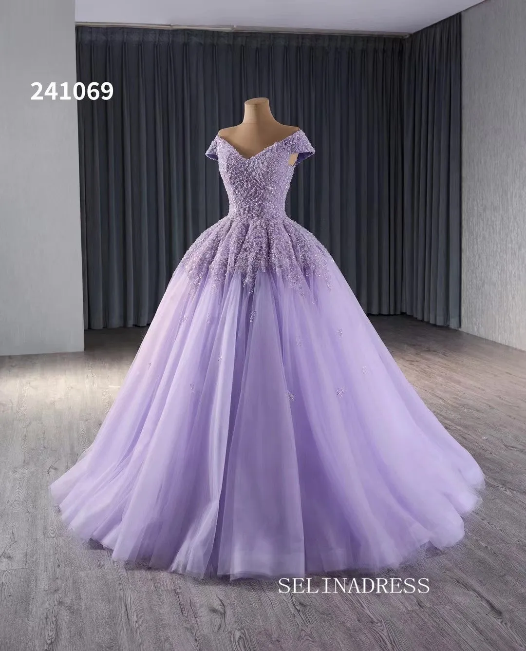 Luxury Lilac V neck Beaded Long Formal Dresses Evening Dress 241069