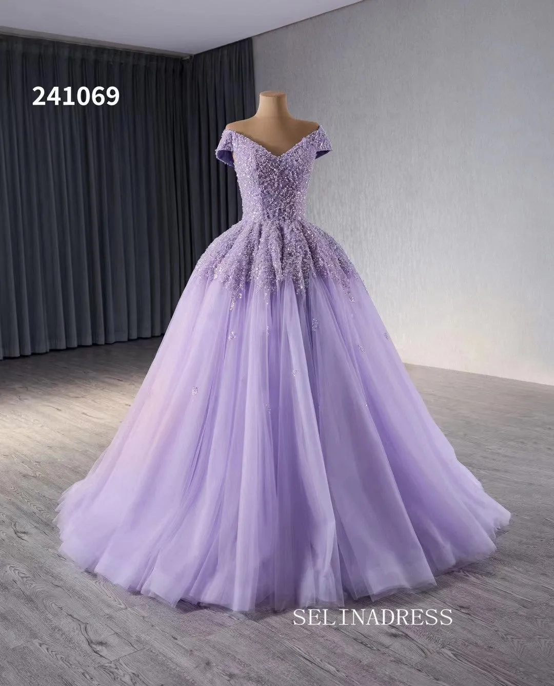 Luxury Lilac V neck Beaded Long Formal Dresses Evening Dress 241069
