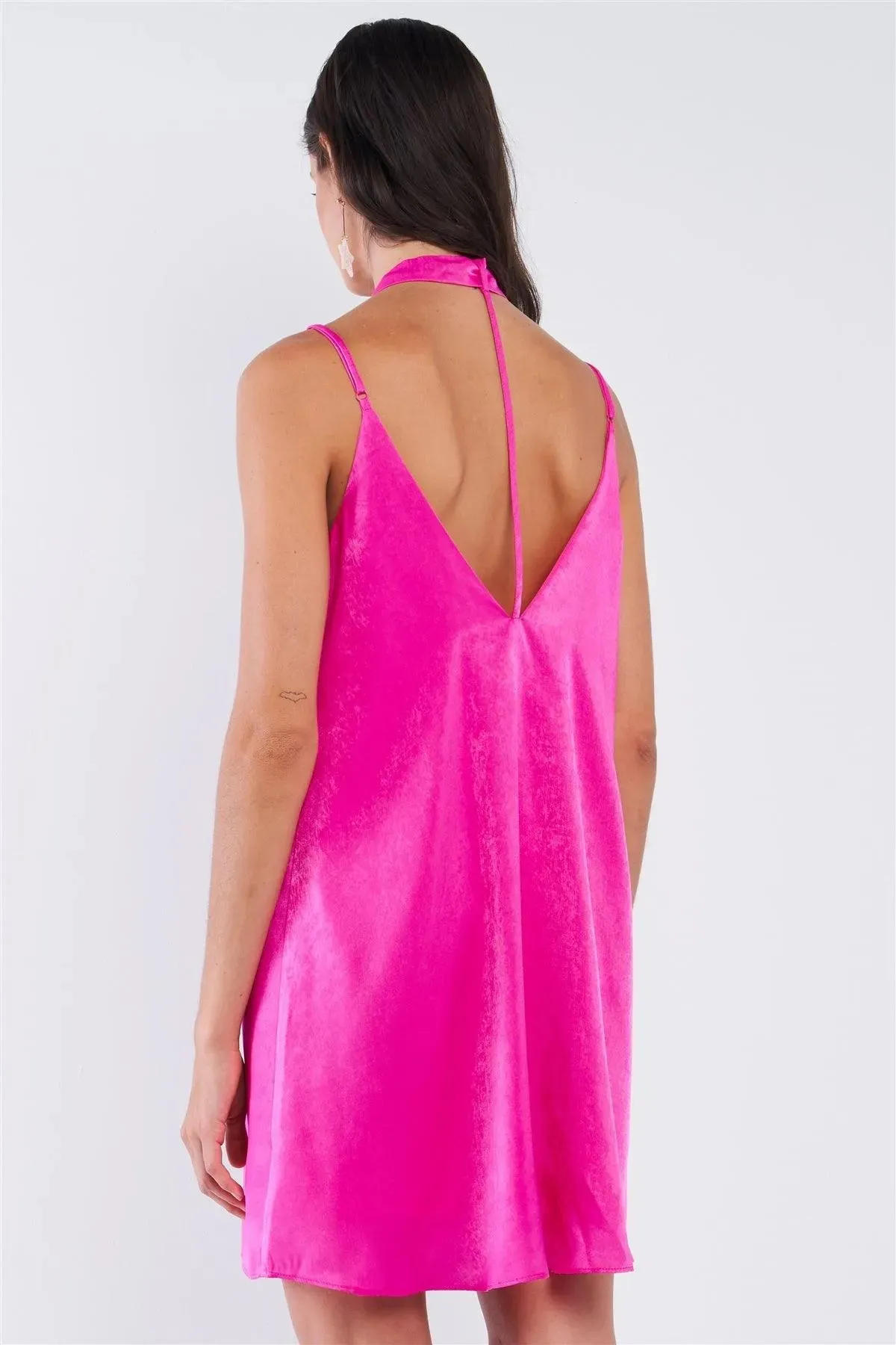 Magenta Pink Satin Relaxed Fit V-Neck Sleeveless T-Shaped Back Strap Mini Dress With Detachable Halter Tie